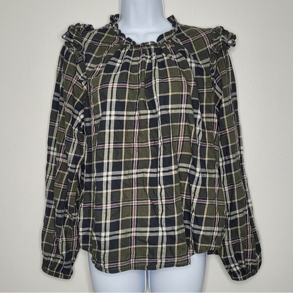 Gap dark plaid ruffle academia preppy high neck modest long sleeve top size med - Picture 1 of 6